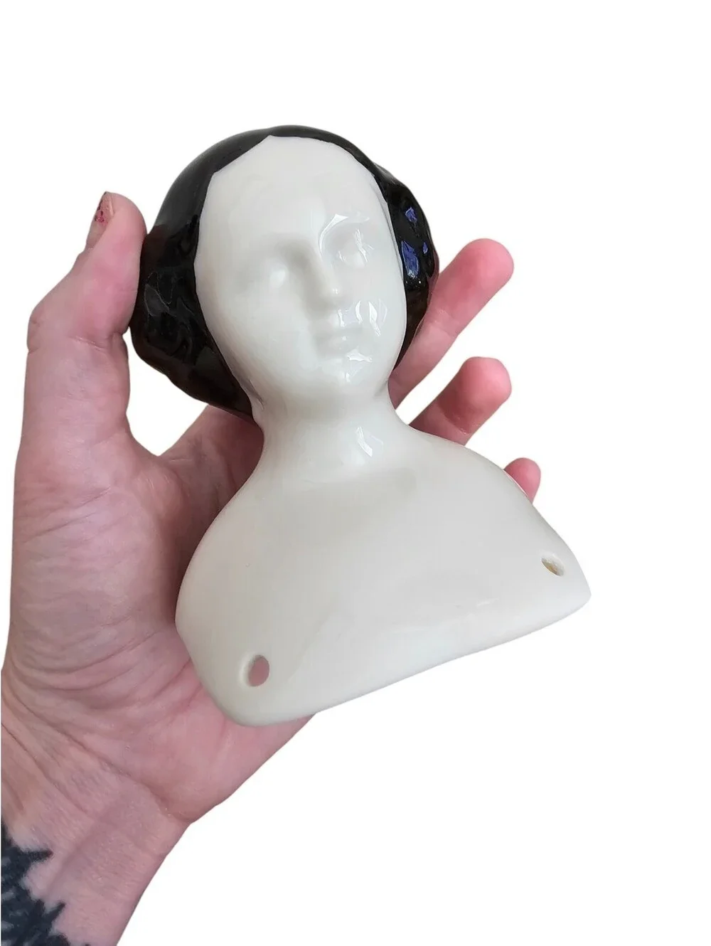 Vintage Hand Painted Bisque Doll Bust Head Black Hair Unpainted Face